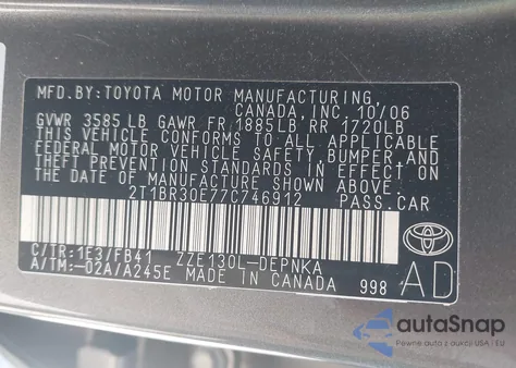 2007 Toyota Corolla Ce/Le/S z USA, uszkodzony, nr VIN 2T1BR30E77C746912